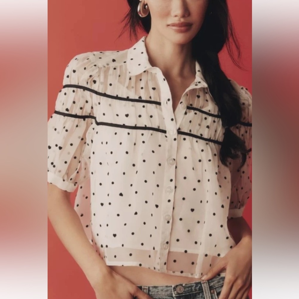 Maeve White Sheer Polka Dot Button-Down with Black Trim